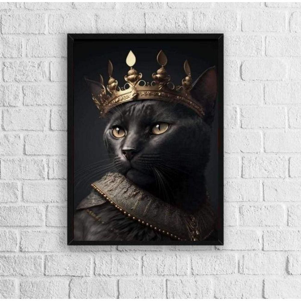 Quadro Decorativo Gato Preto Com Coroa 33x24cm - Vidro Preta