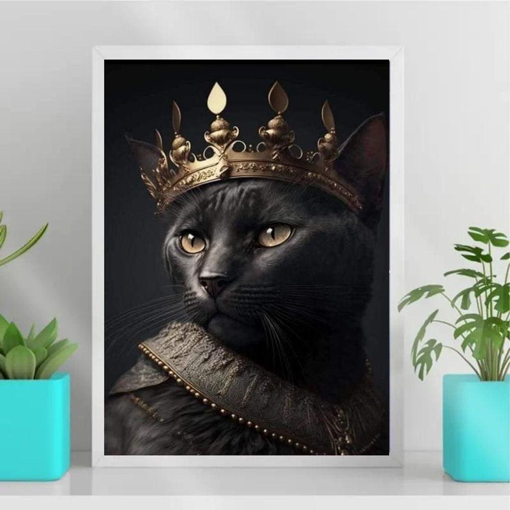 Quadro Decorativo Gato Preto Coroa 33x24cm - Vidro Branca