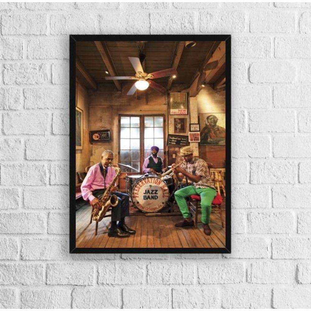 Quadro Jazz Músicos New Orleans 24x18cm - Com Vidro Preta