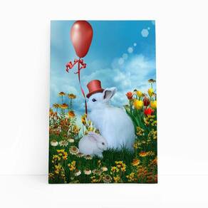 Coelhos Brancos Arte Balão Vermelho Quadro Canvas 60X40Cm