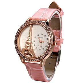 Relógio Ladies de Couro Rosa com Torre Eiffel Acrílico e Strass Shimmer - Moda Feminina, Xmas