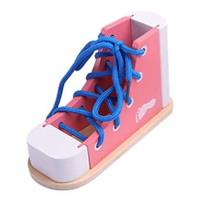 NUOBESTY Aprenda a amarrar sapatos de madeira amarrando sapato de brinquedo cadarços amarrando brinquedo kit de ensino para crianças, rosa