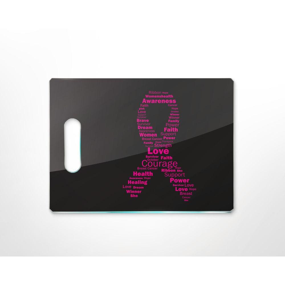 Tábua de Carne em Vidro 35x25 - Outubro Rosa - Laço Palavras - Preto