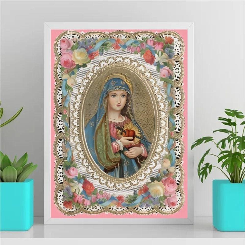 Quadro Sagrado Coração de Maria Vintage 33x24cm Vidro Branca