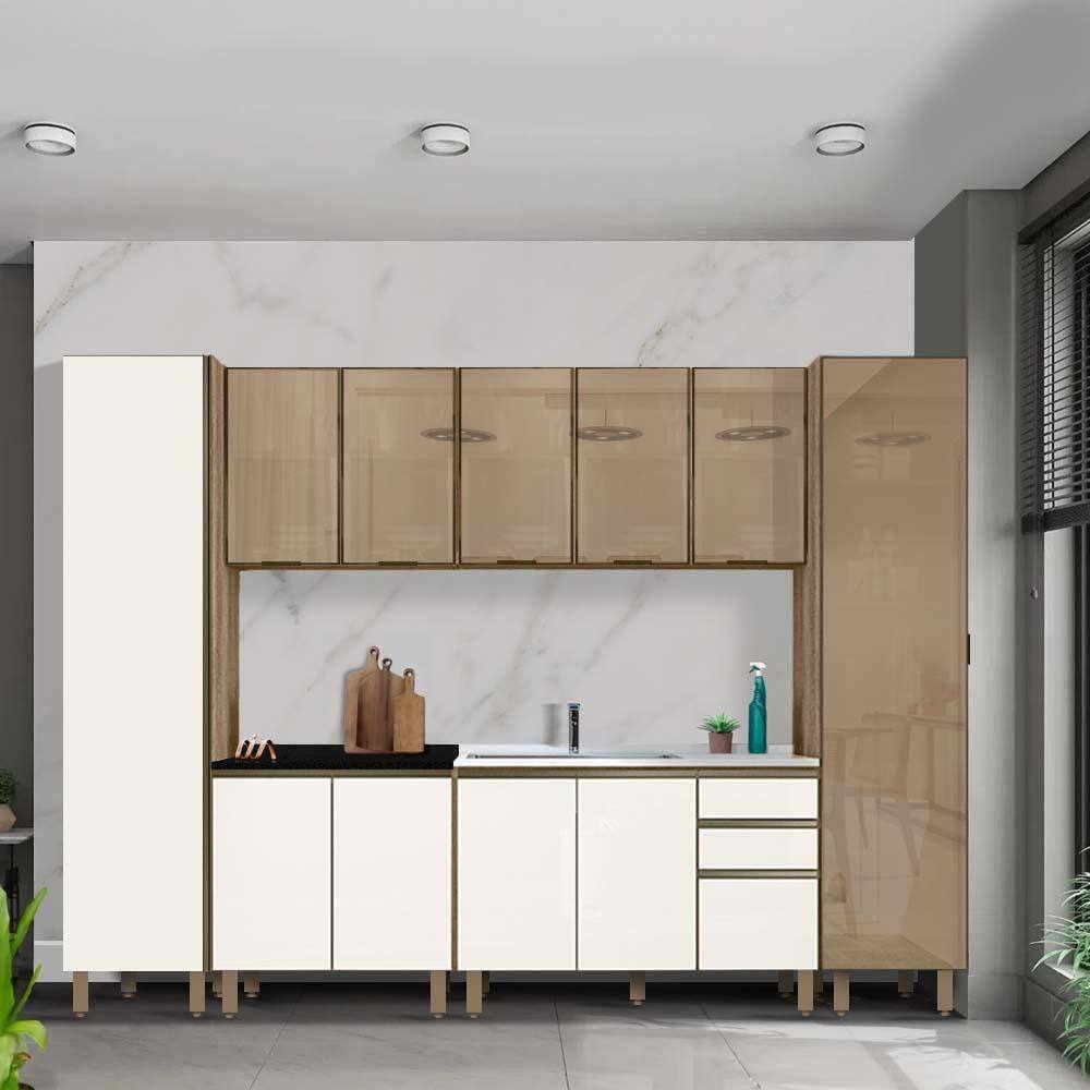 Cozinha Completa Modulada 18 Peças Ii 100% MDF Kali Premium Amendoa Arezzo  Rust Nicioli