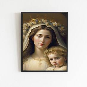 Quadro Virgem Maria Com Jesus 33x24cm - Moldura Preta