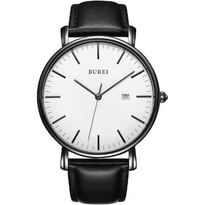 Burei Moda Masculina Relógio de Pulso Minimalista Data Analógica com Alça de Couro