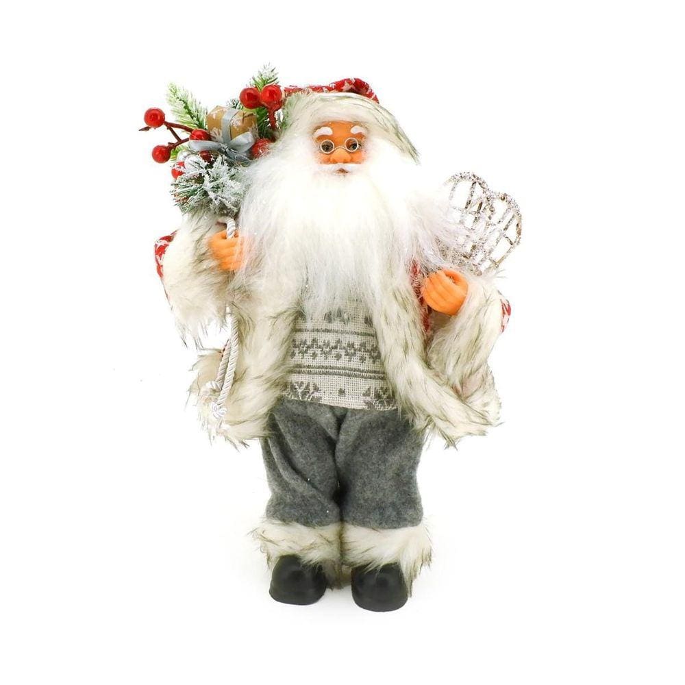 Papai Noel Decorado Cinza e Vermelho Saco de Presentes e Raquetes Glitter 30cm - Magizi