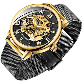 Relógio de esqueleto masculino Clássico Romano Numeral Steampunk Relógios Manusulico Mens Relógios (Azul)