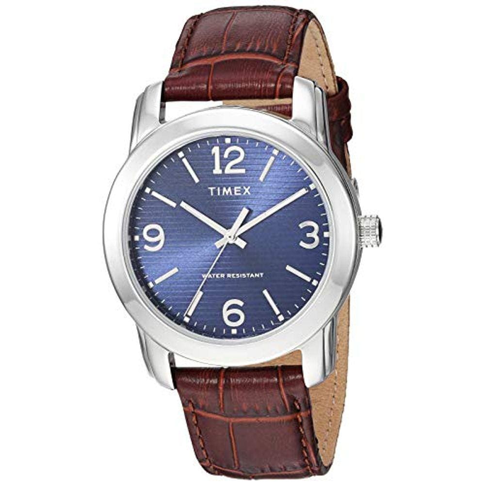 Relógio masculino Timex TW2R86800 clássico 39 mm marrom/tom prata/azul com pulseira de couro com padrão croco