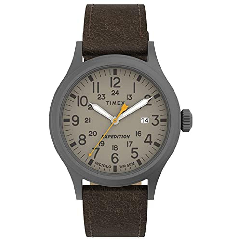 Relógio Masculino com Caixa Gunmetal e Pulseira de Couro Marrom Escuro - Mostrador Cáqui
