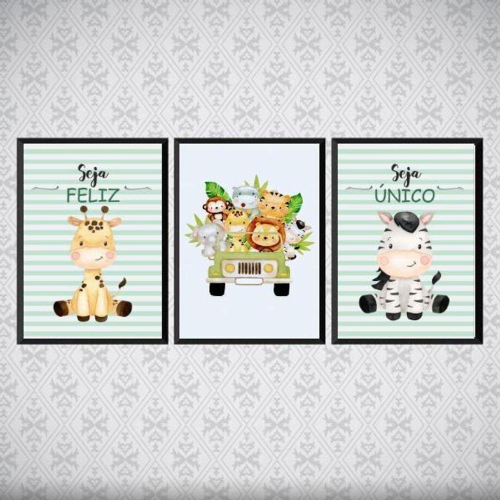 Kit 3 Quadros Safari Infantil 33x24cm - Vidro Preta