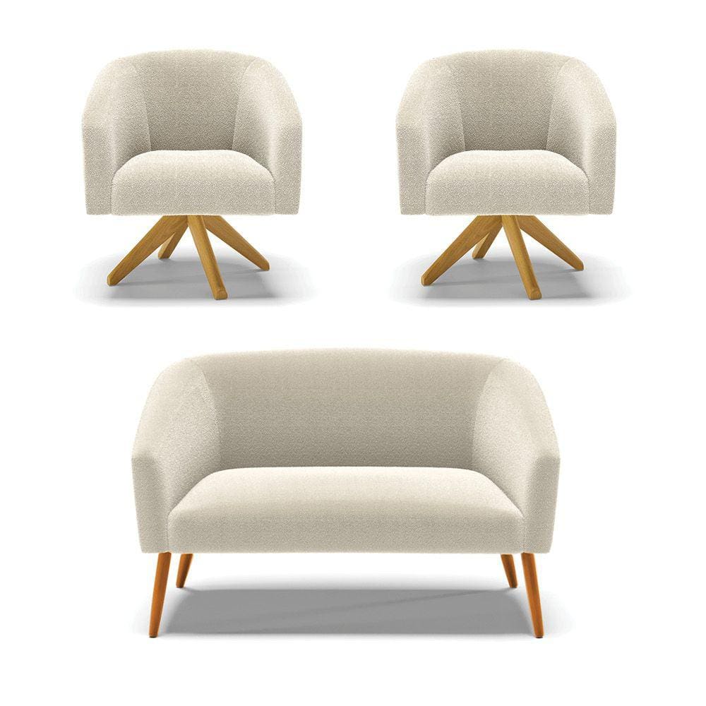Kit 1 Sofá Namoradeira e 2 Poltronas Stella Bouclê Base de Madeira MA30 - D`Rossi