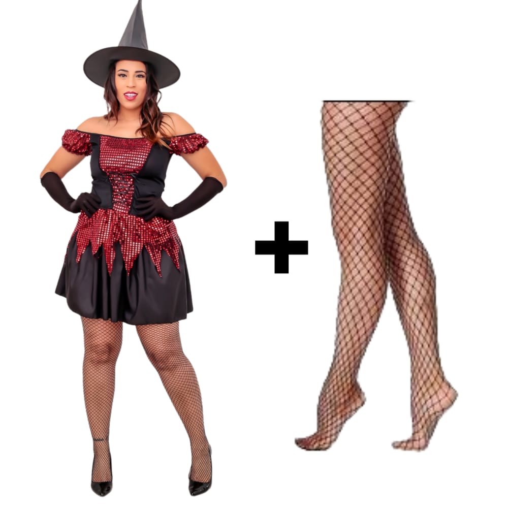 Fantasia Bruxa de Halloween Luxo Adulto Com Chapéu