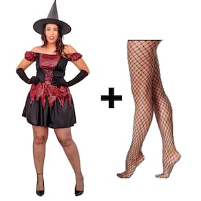 Fantasia Halloween Adulto Bruxa Vestido + Chapéu + Meia Arrastão Vestido de Bruxa Malvada Feiticeira Brilho Carnaval