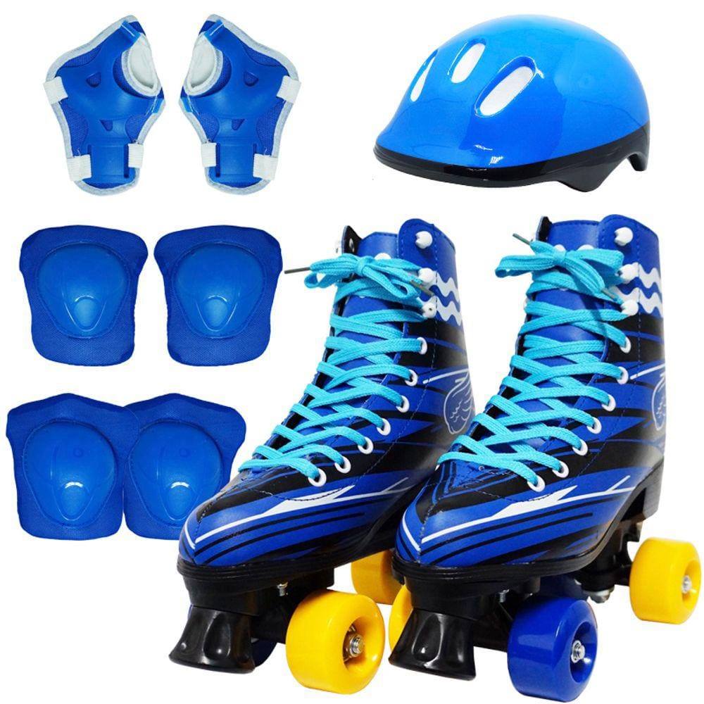 Kit Patins Clássico Quad 4 Rodas Roller + Acessórios Masculino Menino Azul Importway BW-021-AZ