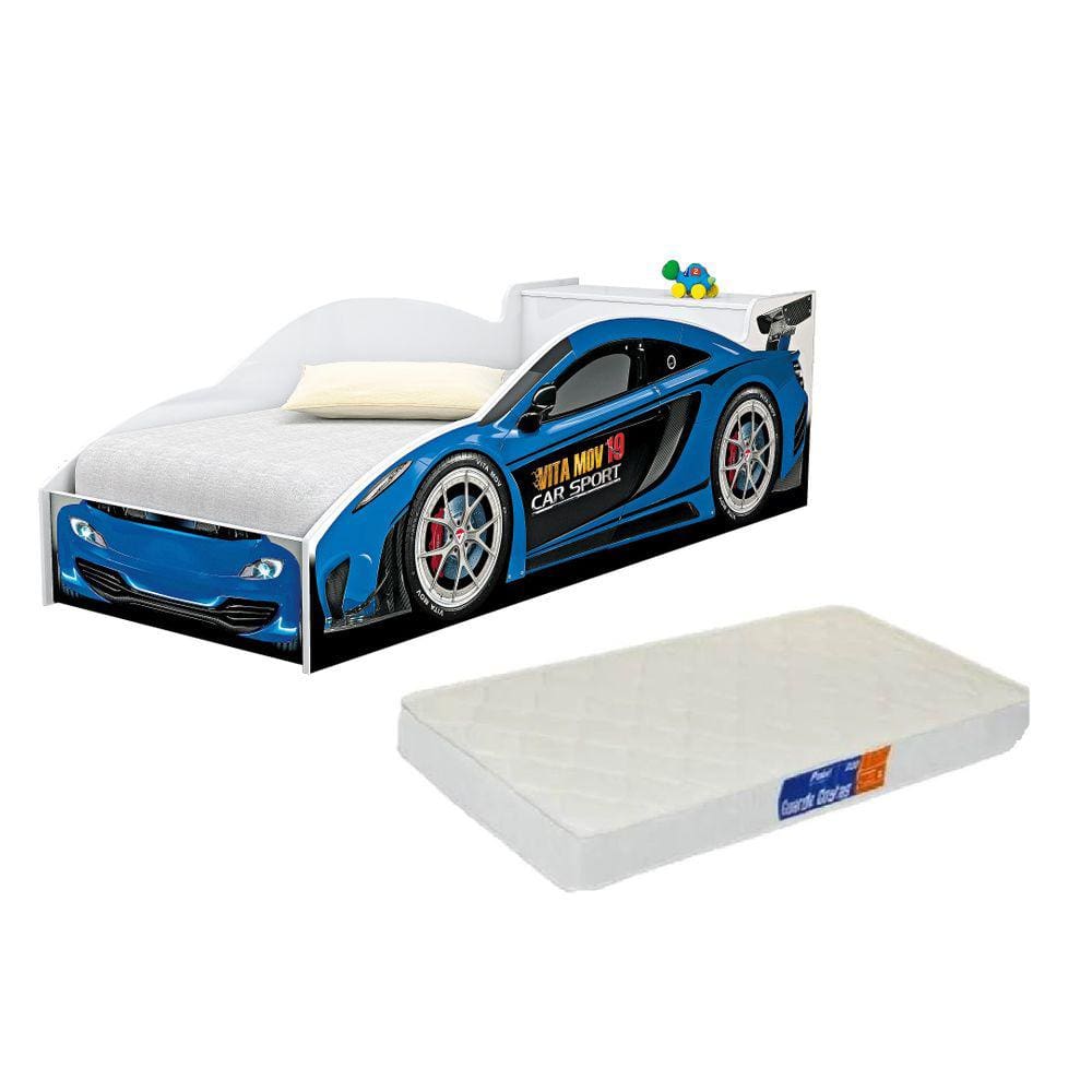 Cama Carro Azul Solteiro de Bau com Colchão Incluso