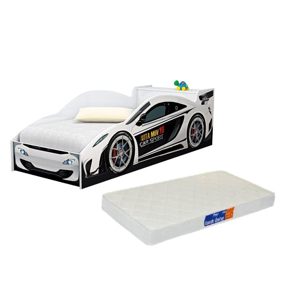 Cama Solteiro de Carro Branco com Baú Mais Colchão