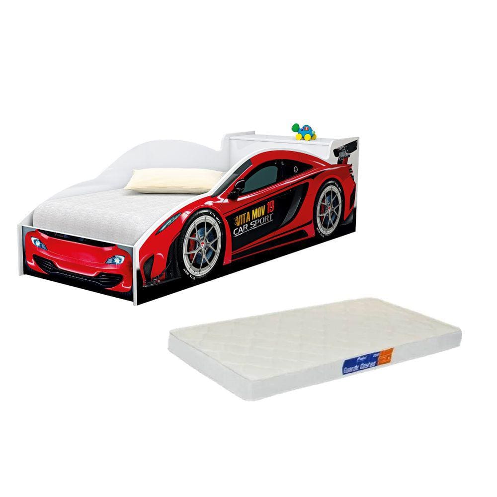 Cama de Criança Carro Solteiro Vermelho com Baú e Colchão