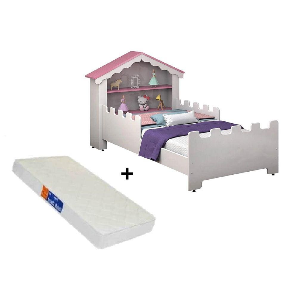 cama infantil casinha com colchão d18 telhado rosa