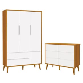 Jogo de Quarto Infantil Theo Guarda Roupa 3 Portas e Cômoda 6 Gavetas com Pés Amadeirado - Reller Móveis