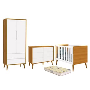 Dormitório Completo Infantil Theo 2 Portas, Cômoda 6 Gavetas, Berço com Pés Amadeirado e Colchão D18 - Reller Móveis