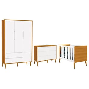 Dormitório Completo Infantil Theo 3 Portas, Cômoda 6 Gavetas e Berço com Pés Amadeirado - Reller Móveis