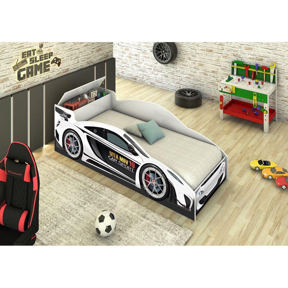 Mini Cama Carro Branco P/ Crianças com Baú