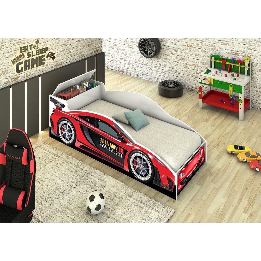 Caminha de Carro Infantil Vermelho Com Baú