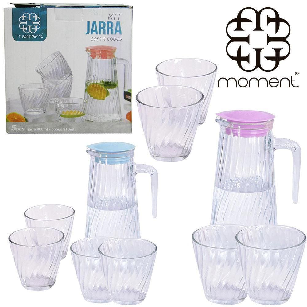 Jarra De Vidro Luxo 800Ml Com Tampa Plastico + 4 Copos 210Ml