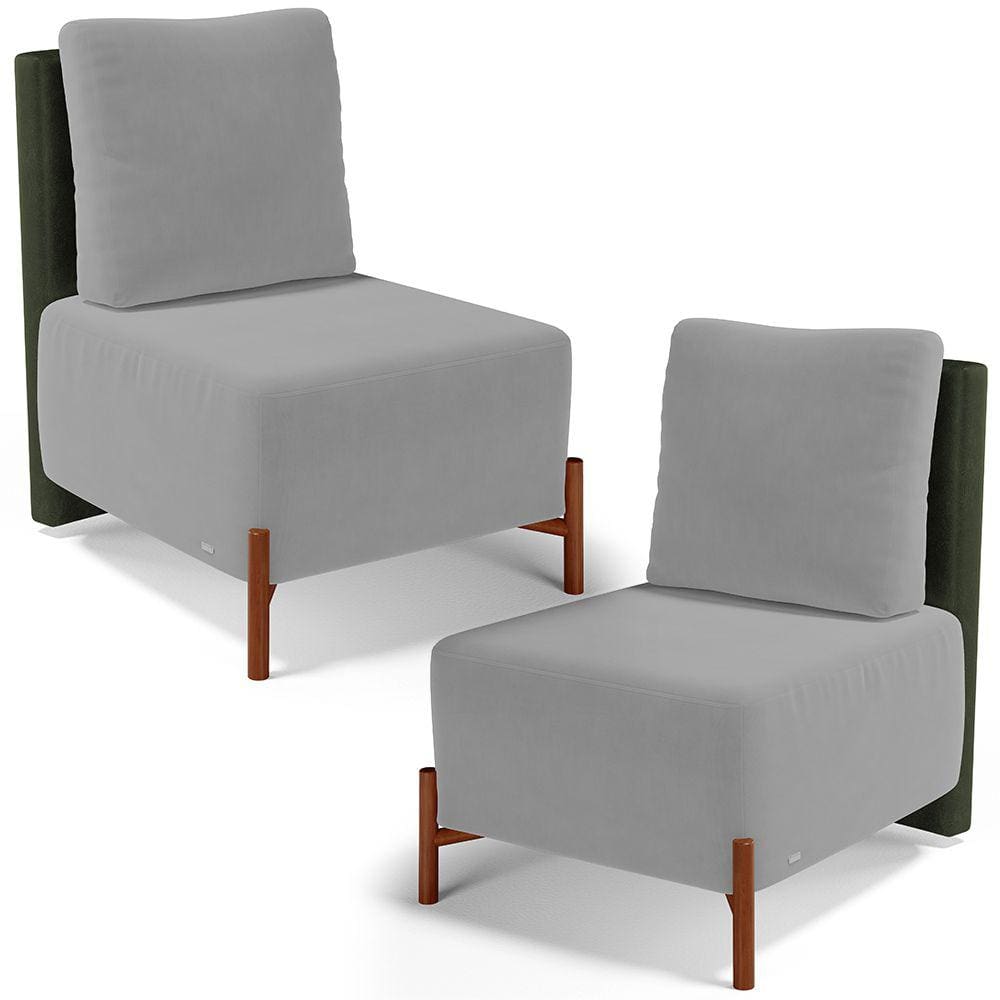 Kit 02 Poltronas Decorativas Sala de Estar Living Pés Madeira Hungria L02 Couríssimo Verde Suede Cinza - Lyam