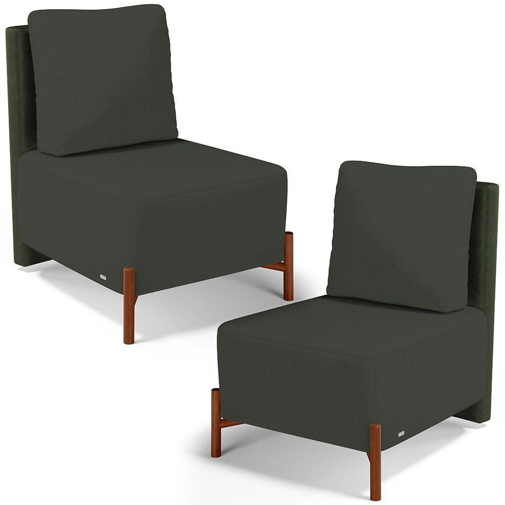 Kit 02 Poltronas Decorativas Sala de Estar Living Pés Madeira Hungria L02 Couríssimo Verde Linho Verde Musgo - Lyam