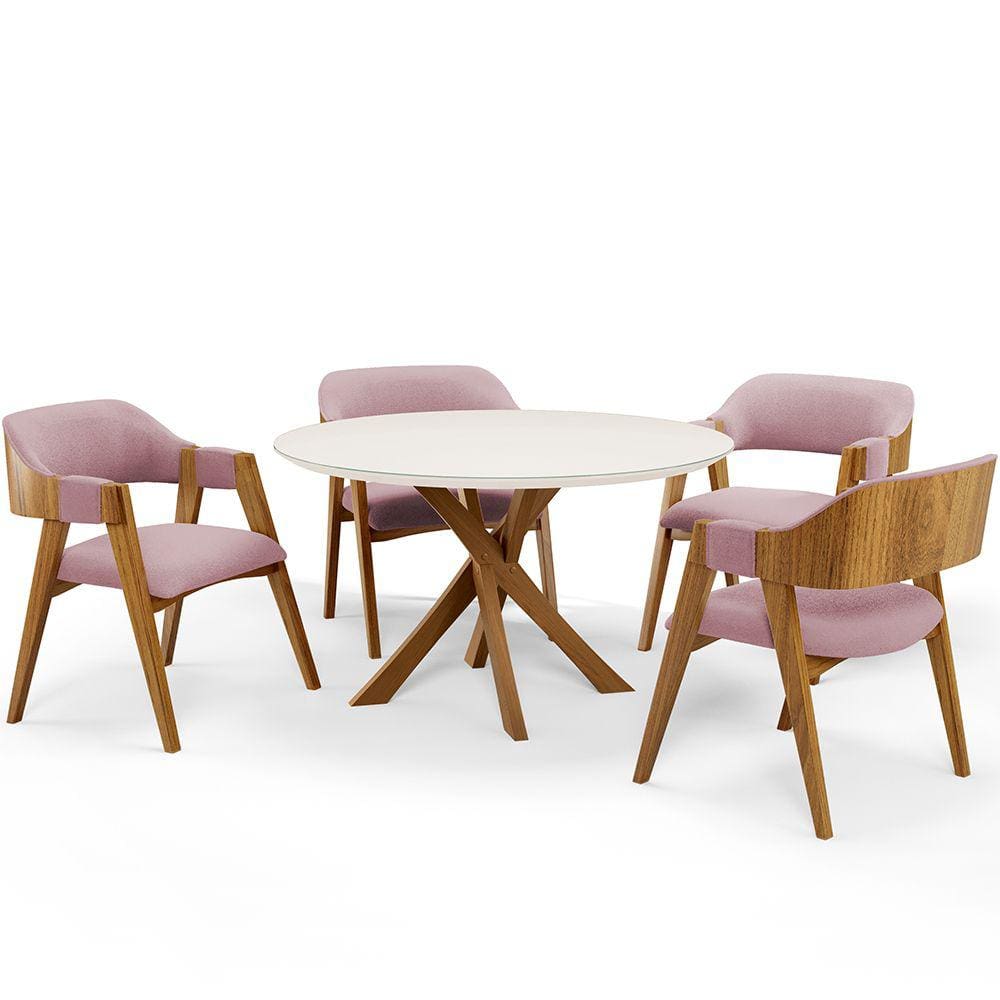 Mesa De Jantar Redonda Cora 120cm Off White M04 com 04 Cadeiras Living Suran Bouclê Rosê - Lyam