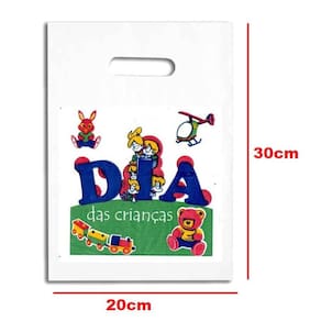Kit 100 Sacolinha Plástica Branca Dia das Crianças 30x20cm