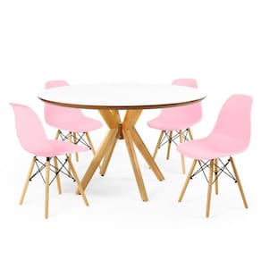 Conjunto Mesa de Jantar Redonda Marci Premium Branca 120cm com 4 Cadeiras Eames Eiffel - Rosa