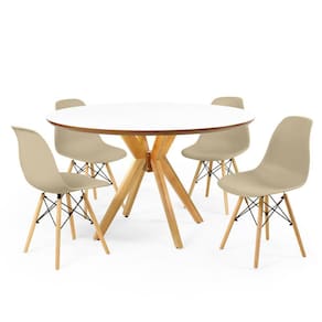Conjunto Mesa de Jantar Redonda Marci Premium Branca 120cm com 4 Cadeiras Eames Eiffel - Nude