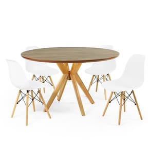 Conjunto Mesa de Jantar Redonda Marci Premium Natural 120cm com 4 Cadeiras Eames Eiffel - Branco