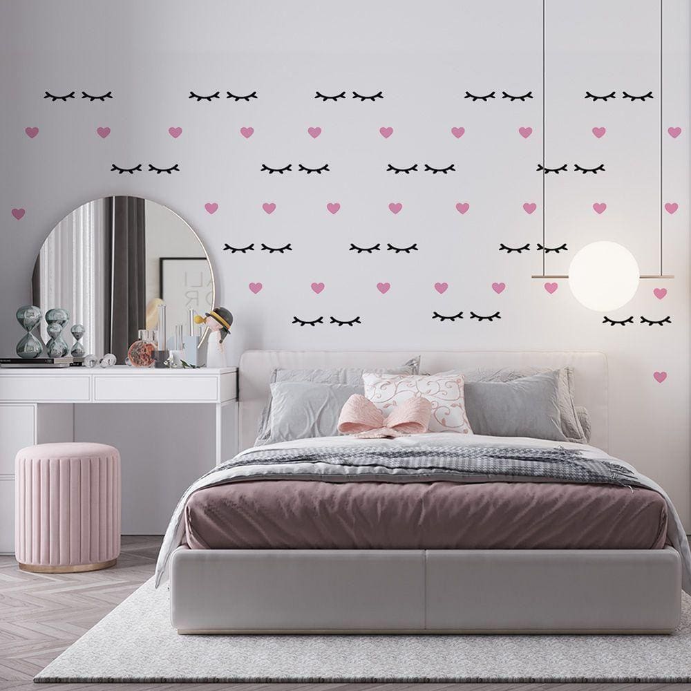 Kit Adesivo De Parede Infantil Cílios E Coração Rosa