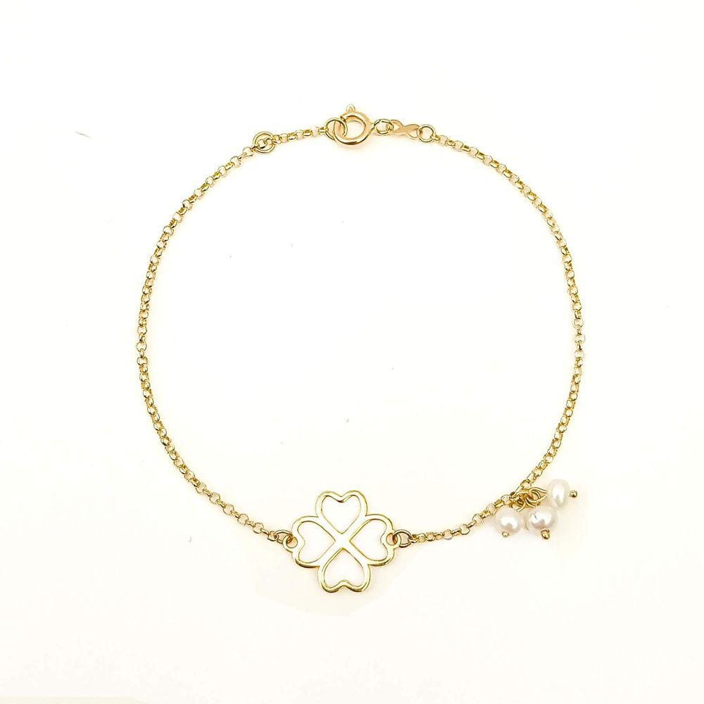 Pulseira Trevo Vazado 3 Pérolas Em Ouro 18K