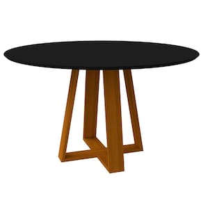 Mesa De Jantar Para 4 ou 6 Lugares Tampo Redondo Com Vidro 1,35m Vitoria Madeira Maciça Cor Ypê Preto New Ceval