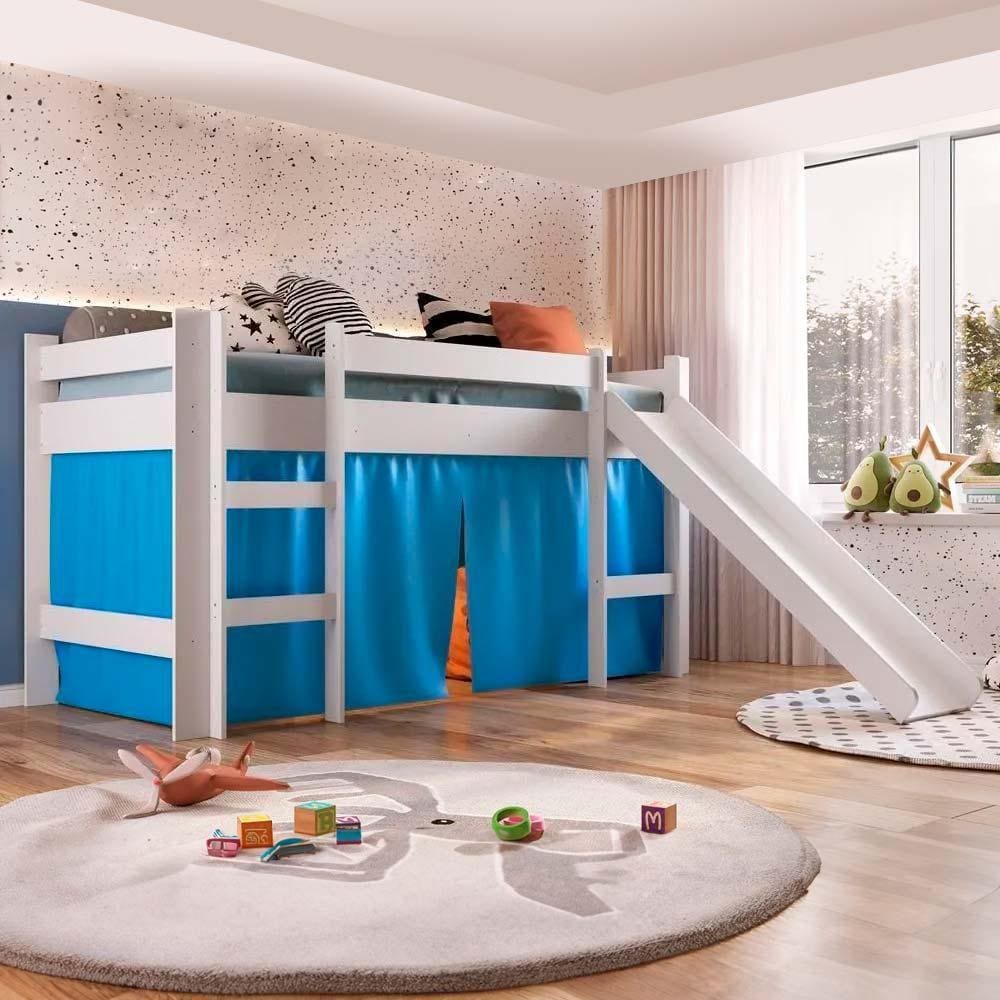 Cama Elevada Infantil Solteiro Com Escorregador Branco E Cortina Azul Secreto 93 x 202 cm Zimo Shop - Branco
