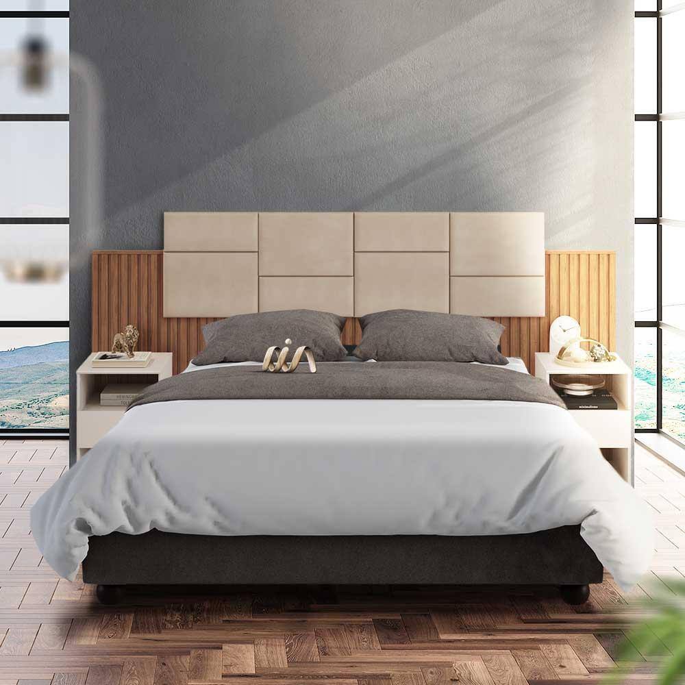 Cabeceira Estofada Ripada Com 2 Mesas De Cabeceira Casal Queen Freijó Veludo Kraft Ashley Shop JM - Marrom