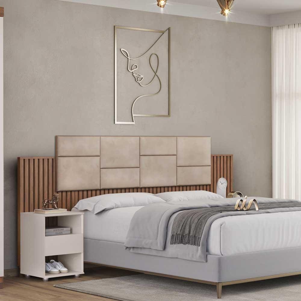 Cabeceira Ripada Queen Com 2 Mesas De Cabeceira Freijó Veludo Kraft Austin Shop JM - Marrom