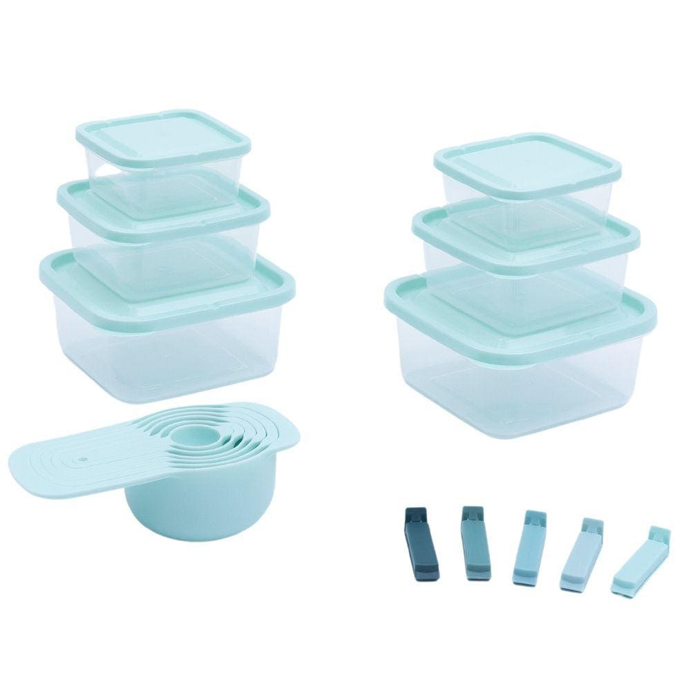 Kit 6 Potes de Plástico Quadrado com Tampa, 6 Colheres E Kit de 5 Prendedores - Mozcada