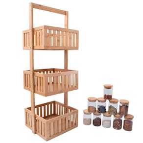 Kit com Organizador Multiuso Ripado 3 Andares E 10 Potes de Vidro com Tampa de Bambu 250ml - Oikos