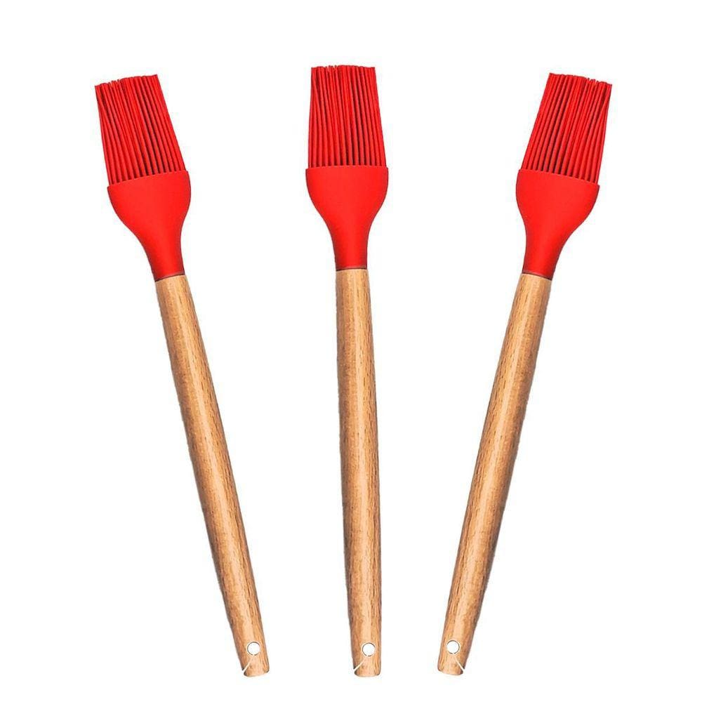 Kit 3 Pincéis Culinário Silicone Cabo Madeira 32Cm Vermelho-