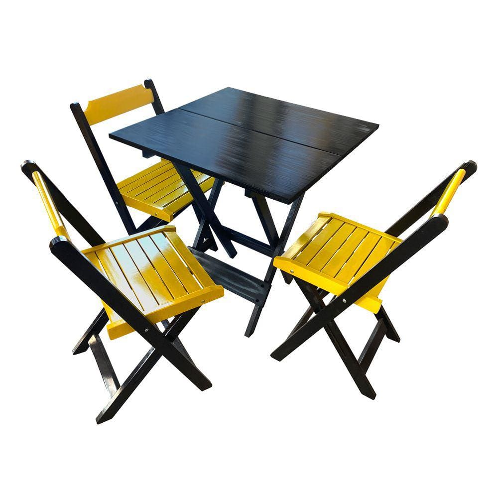 Mesa de Madeira Dobrável Preto 70x70 com 3 Cadeiras Dobráveis Amarelo