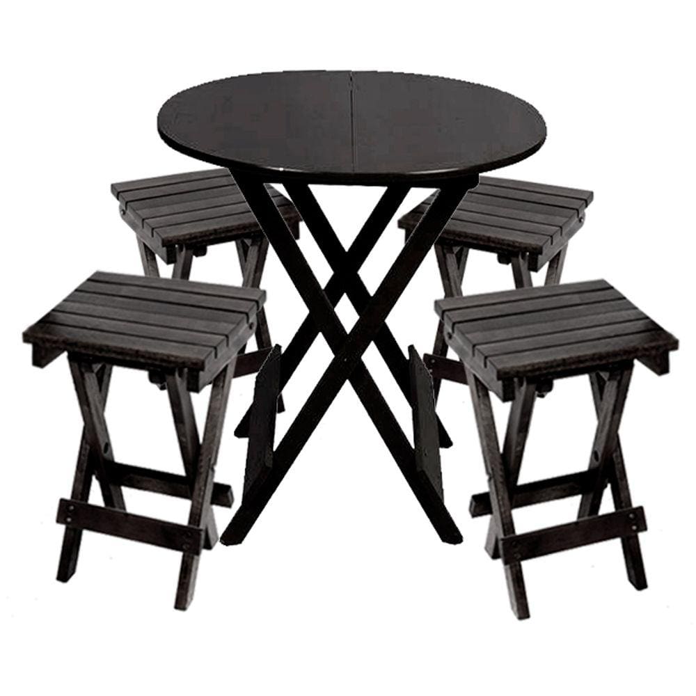 Jogo de Mesa Dobravel de Madeira 60cm Redondo com 4 Banquinhos Dobraveis Preto