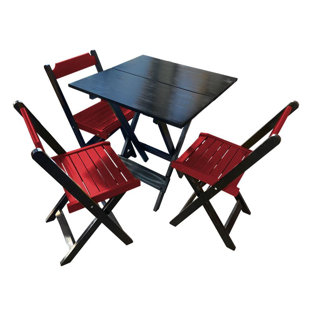 Mesa de Madeira Dobrável Preto 70x70 com 3 Cadeiras Dobráveis Vermelho