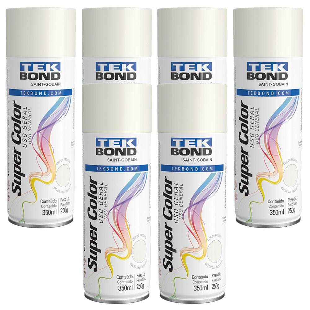 Kit 6 Tinta Spray Uso Geral Super Color Branco Brilhante 350ml - Tekbond